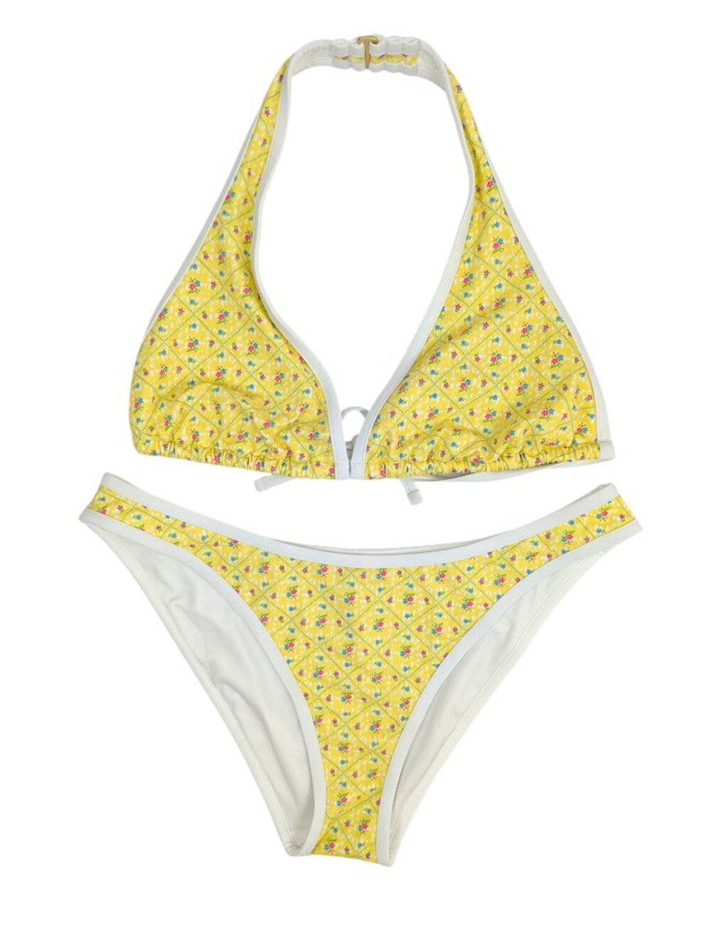 NWT! Pink X Frankie's Bikinis Yellow Floral Bikini Set Halter Cheeky Size XL